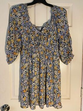 Blue Floral Smocked Waist Boho Dress